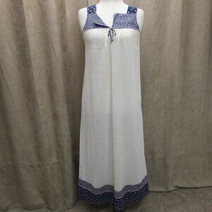Vintage Sears JR Bazaar White Nylon Nightgown w/ Blue Floral Fabric Trim